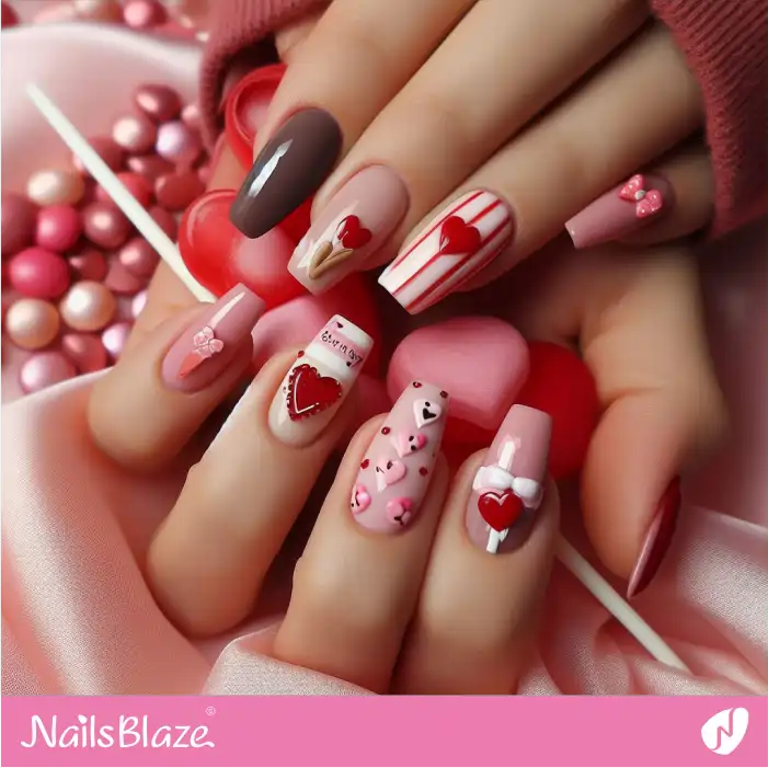 3D Embellished Heart Candies on Nails | Valentine Nails - NB2290